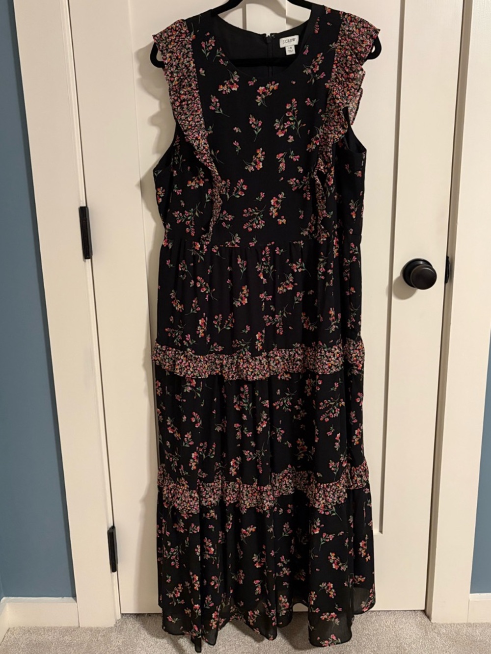 J. Crew Factory Black Maxi Dress with Pink Floral Print and Ruffle Details
